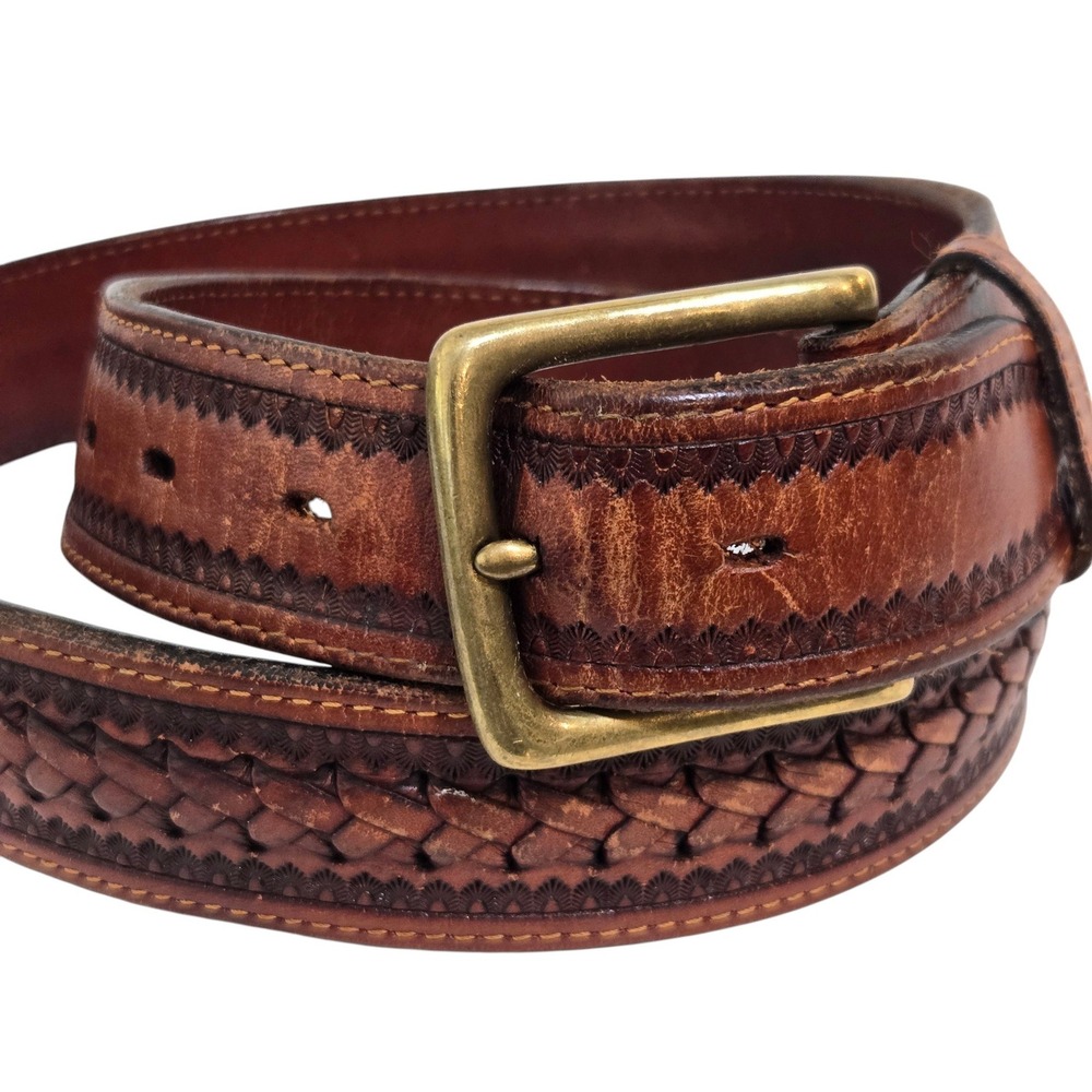Appaloosa Trading Co Leather Belt Mens 38 Brown Basketweave Western Rugged Brass